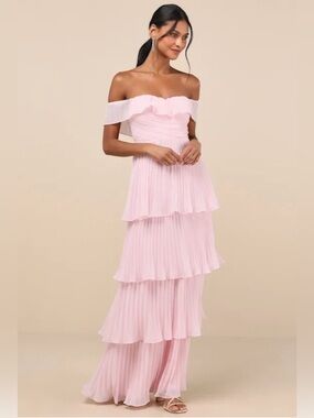 Lulu's Blush Pink Pleated Ruffle Off The Shoulder Maxi Dress